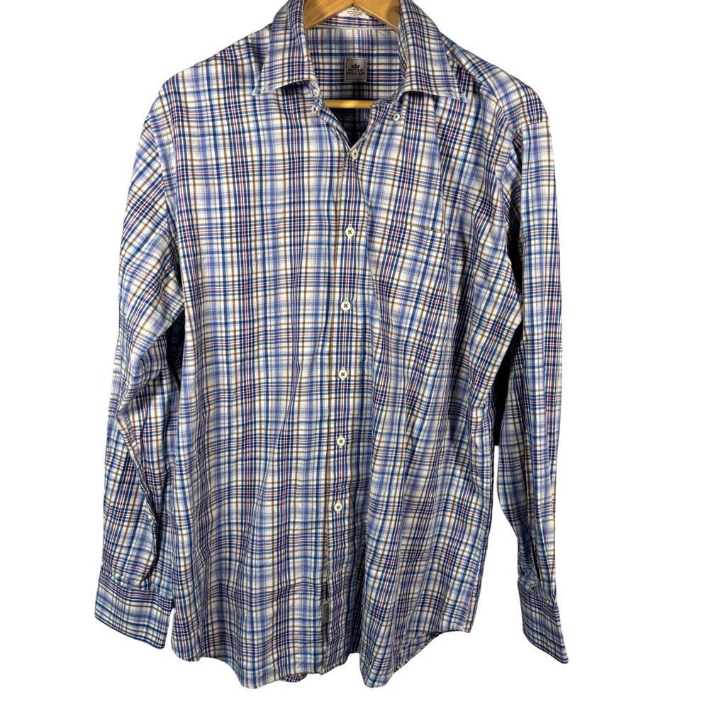 Peter Millar Mens Large Blue White Plaid Cotton Long Sleeve Button Down Shirt